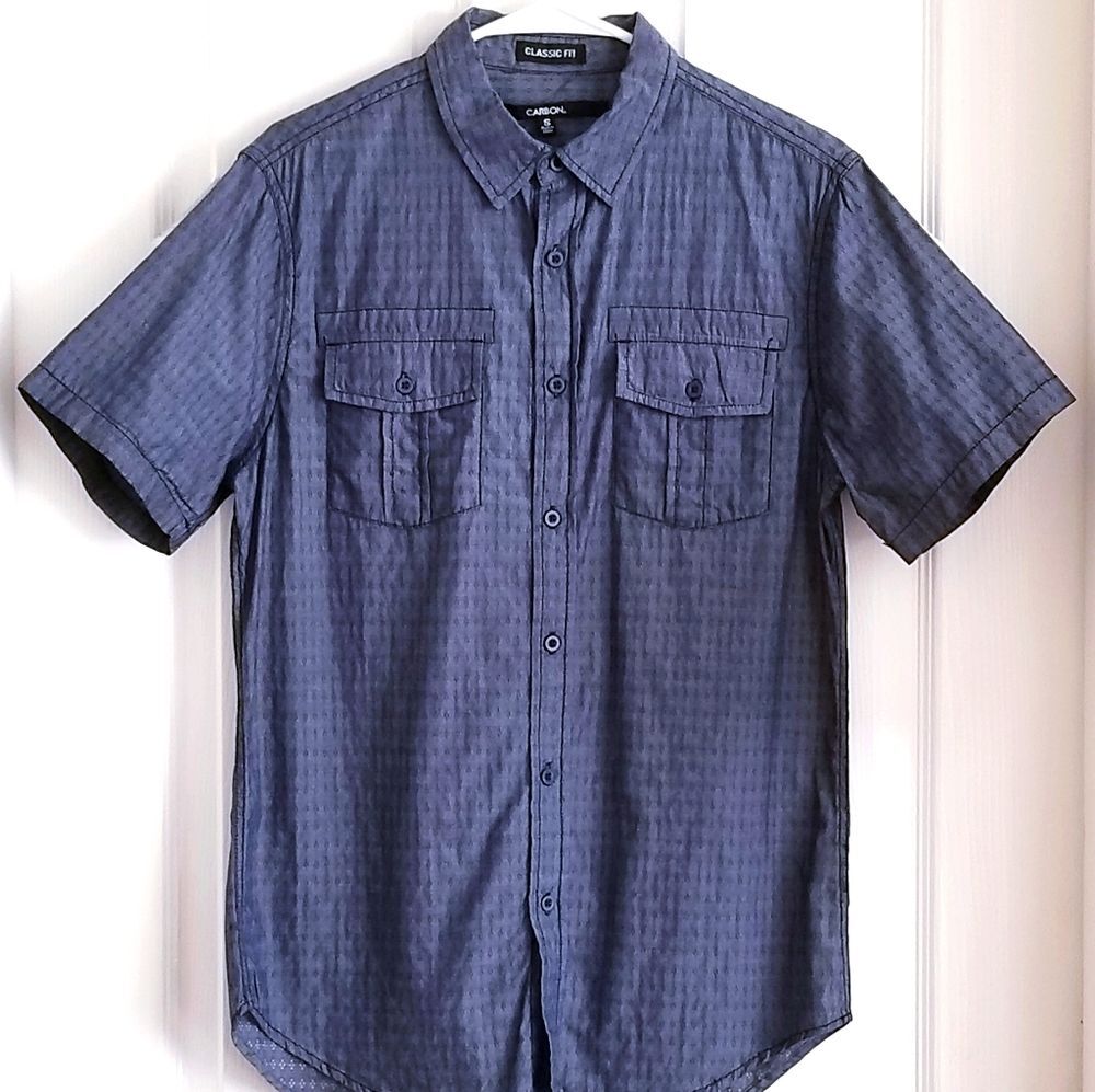 Carbon Blue Casual Diamond Print Small Button Down Shirt